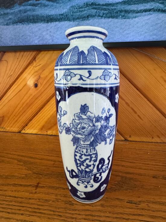 Other Other - Blue White Porcelain Bud Vase Asian Floral Chinoiserie Decor 8 Inch